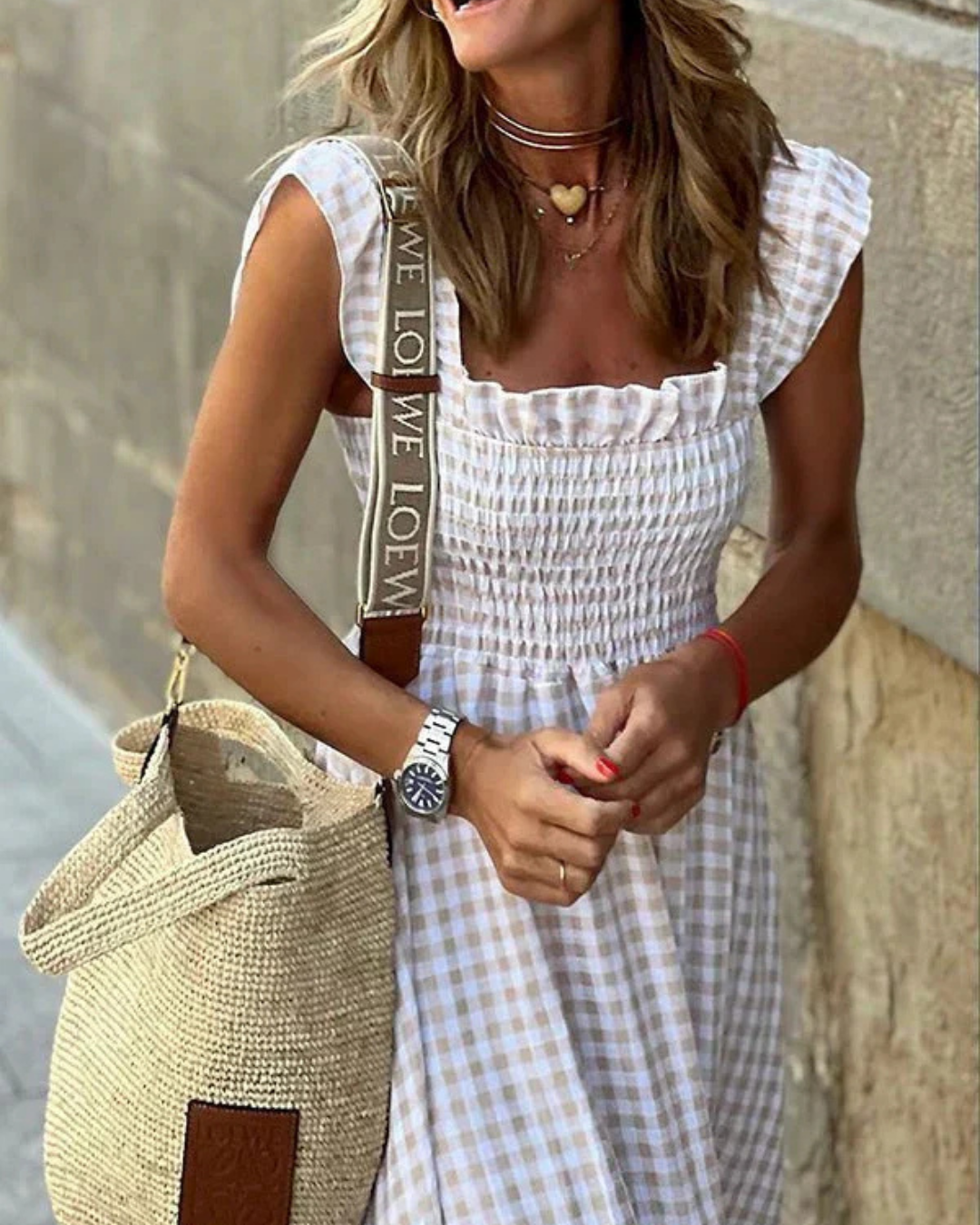 Marleen - Robe Maxi à Carreaux Effet Smocké