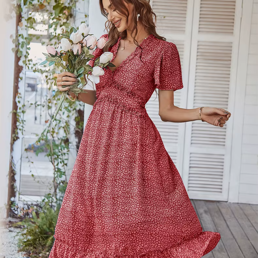 Lexi - Robe maxi boho avec motif floral & manches volantes