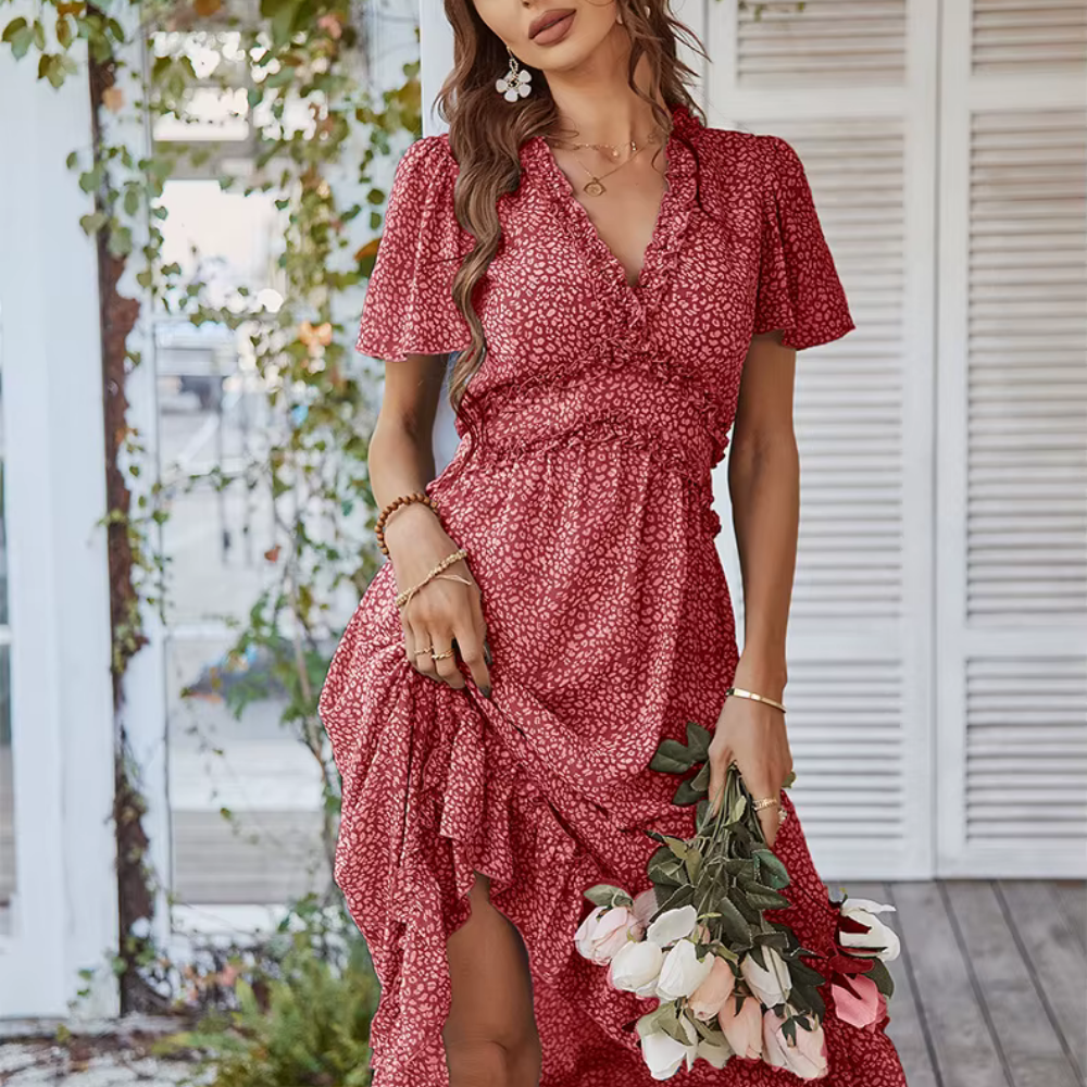 Lexi - Robe maxi boho avec motif floral & manches volantes