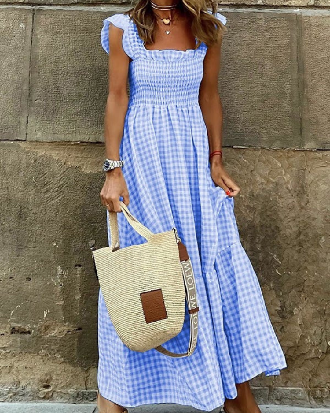 Marleen - Robe Maxi à Carreaux Effet Smocké