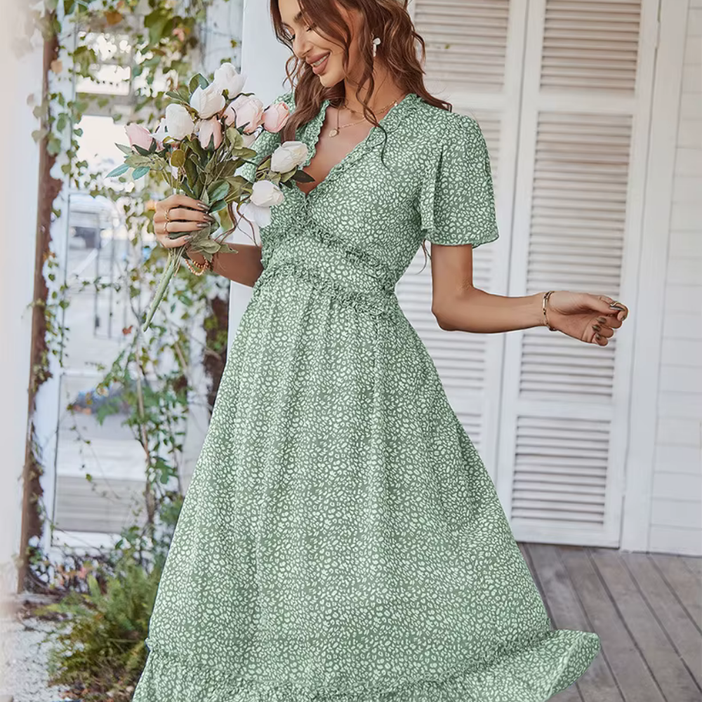 Lexi - Robe maxi boho avec motif floral & manches volantes