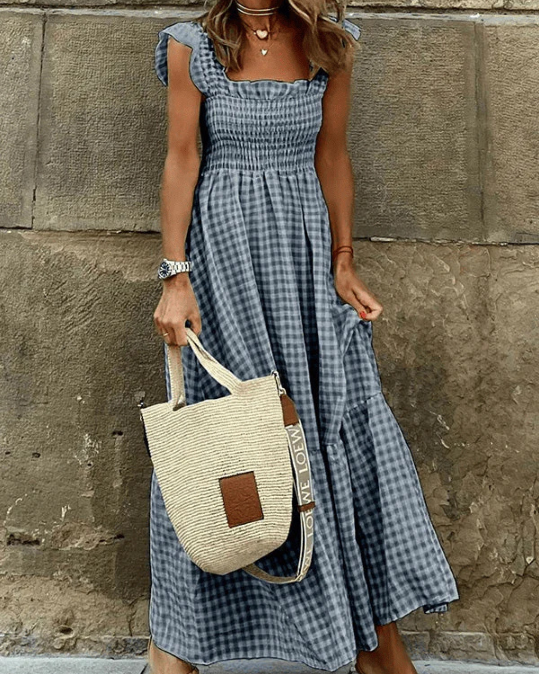 Marleen - Robe Maxi à Carreaux Effet Smocké