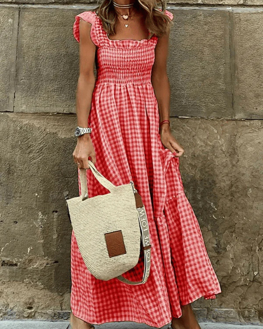 Marleen - Robe Maxi à Carreaux Effet Smocké