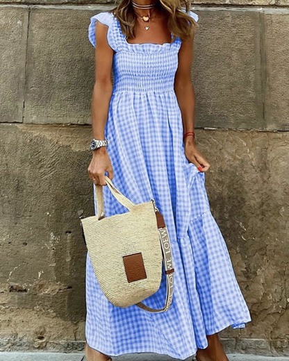 Marleen - Robe Maxi à Carreaux Effet Smocké