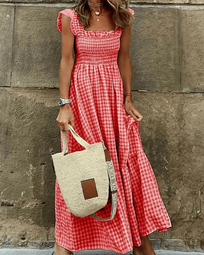 Marleen - Robe Maxi à Carreaux Effet Smocké